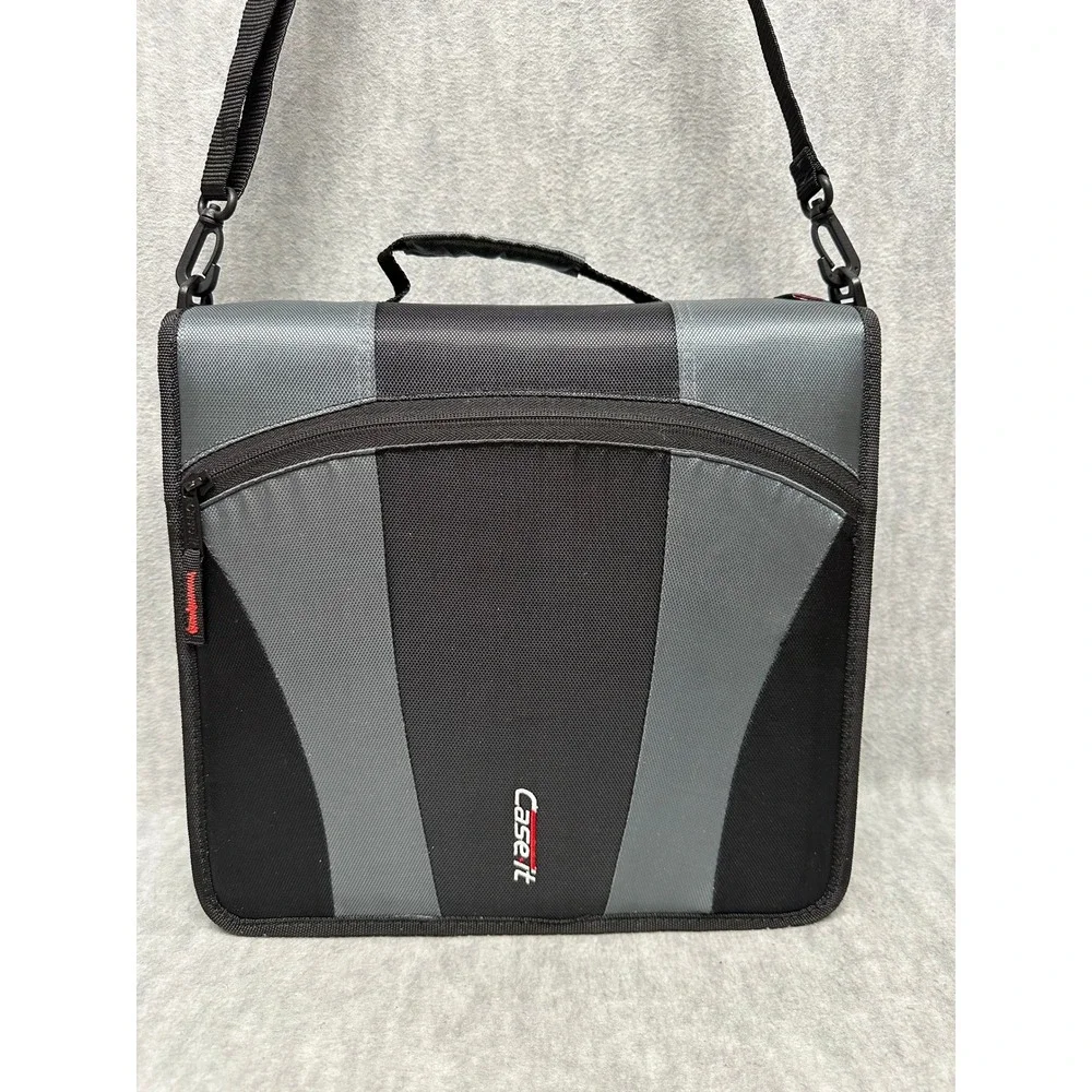 Case-it Zipper Binder Black Gray 3 Ring Expandable Shoulder Strap Handle